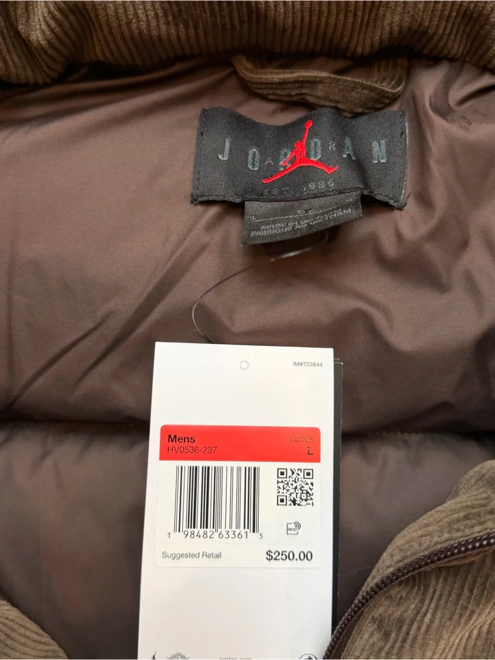 NEW Nike Air Jordan Flight Down Corduroy Puffer Jacket Baroque Brown Men’s Large